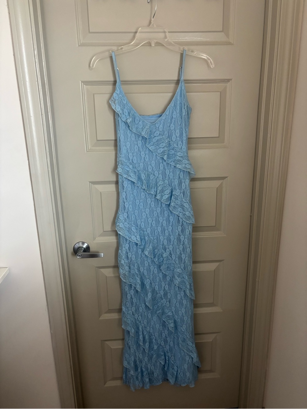 Light Blue Lace Ruffle Maxi Dress
